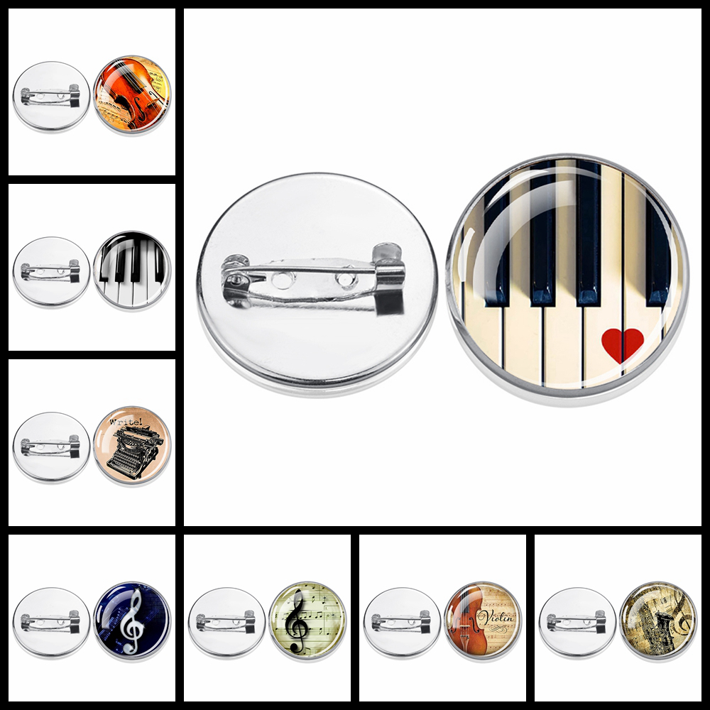 Musical Instrument Jewelry - 1個入り楽器ピアノギタークラリネットフルート音楽ノートカボションシルバーブローチミュージシャンギフトガラスピンジュエリー