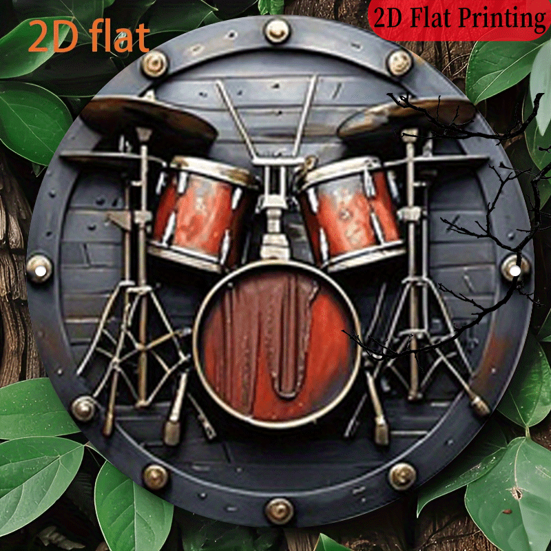 Musical Instrument Sign - 2D フラット、1個、20.32x20.32 cm 2D ラウンドアルミニウムサイン、ヴィンテージドラムバンド楽器メタルロックミュージックレトロプラーク、バンドをテーマにしたメタル